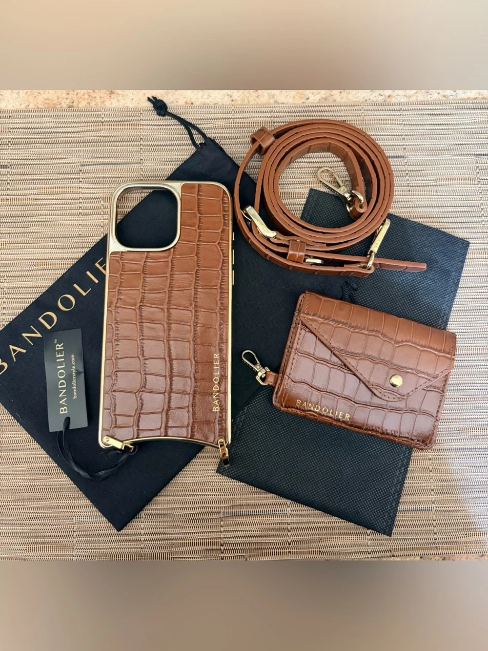 Bandolier Brown Croc Leather Crossbody Phone Case Set with Card Holder & Strap